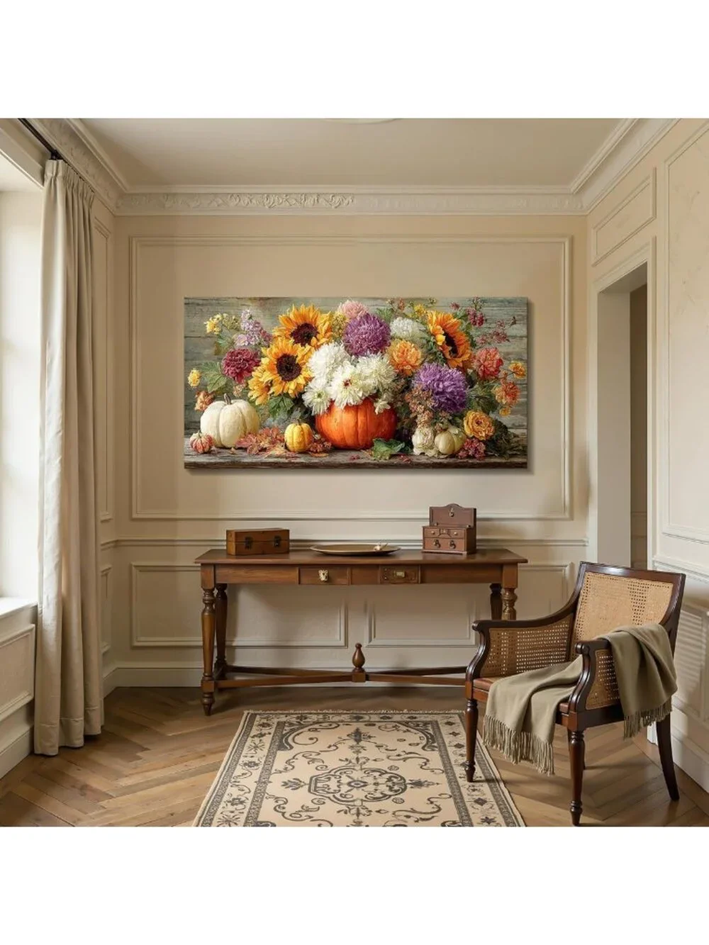 Large Rustic Autumn Wall Art - Fall Pumpkin & Sunflower Home Decor